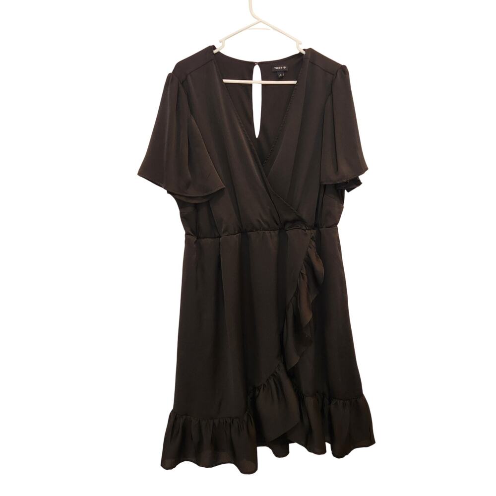 Torrid Mini Bubble Charmeuse Faux Wrap Dress Flutter Sleeves Party Black Size 2X